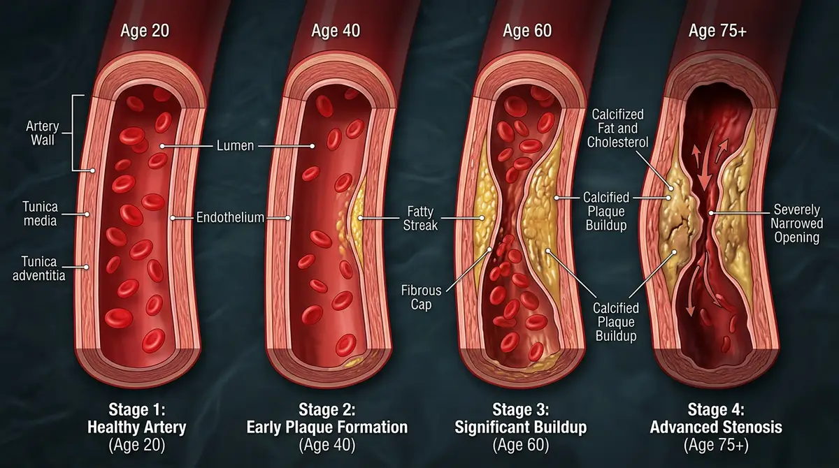 Illustration of four stages of plaque buildup and narrowing in an artery