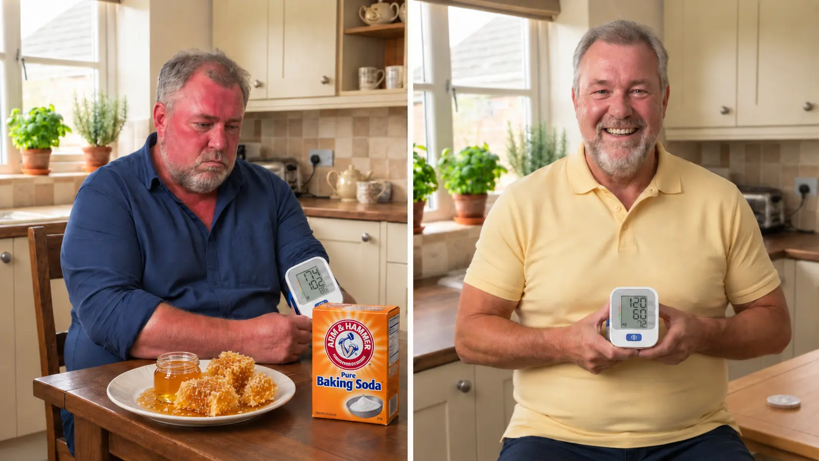Before and after comparison of a man with honey and baking soda on the table